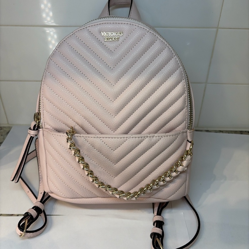 Victoria’s Secret Blush Pink Quilted Mini Backpack Gold Chain Straps
